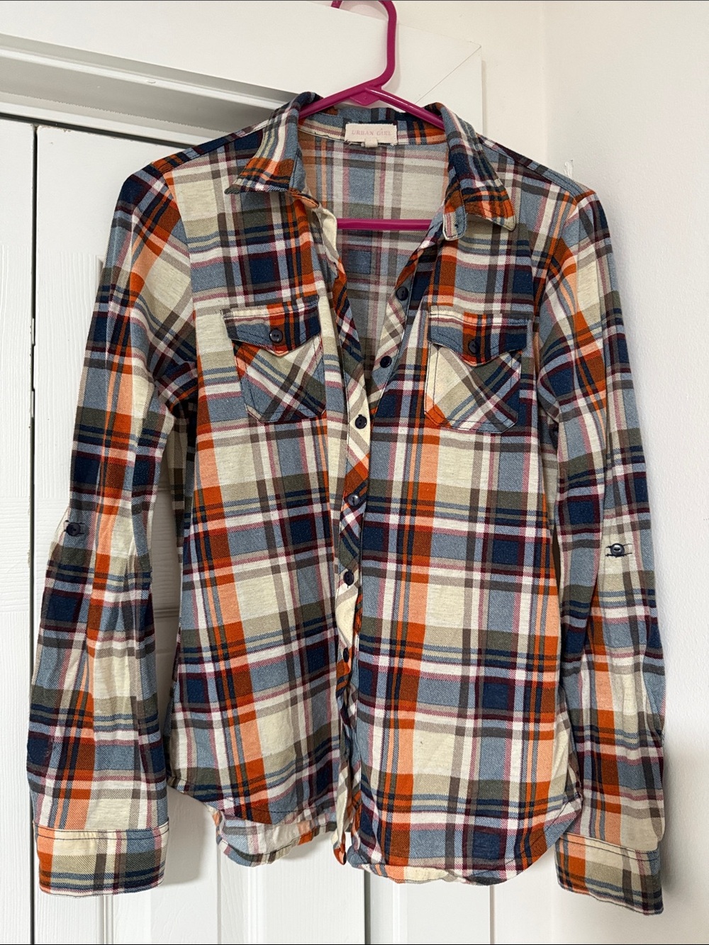 Women’s Long-Sleeve Plaid Button-Up Shirt - Orange, Navy & Cream